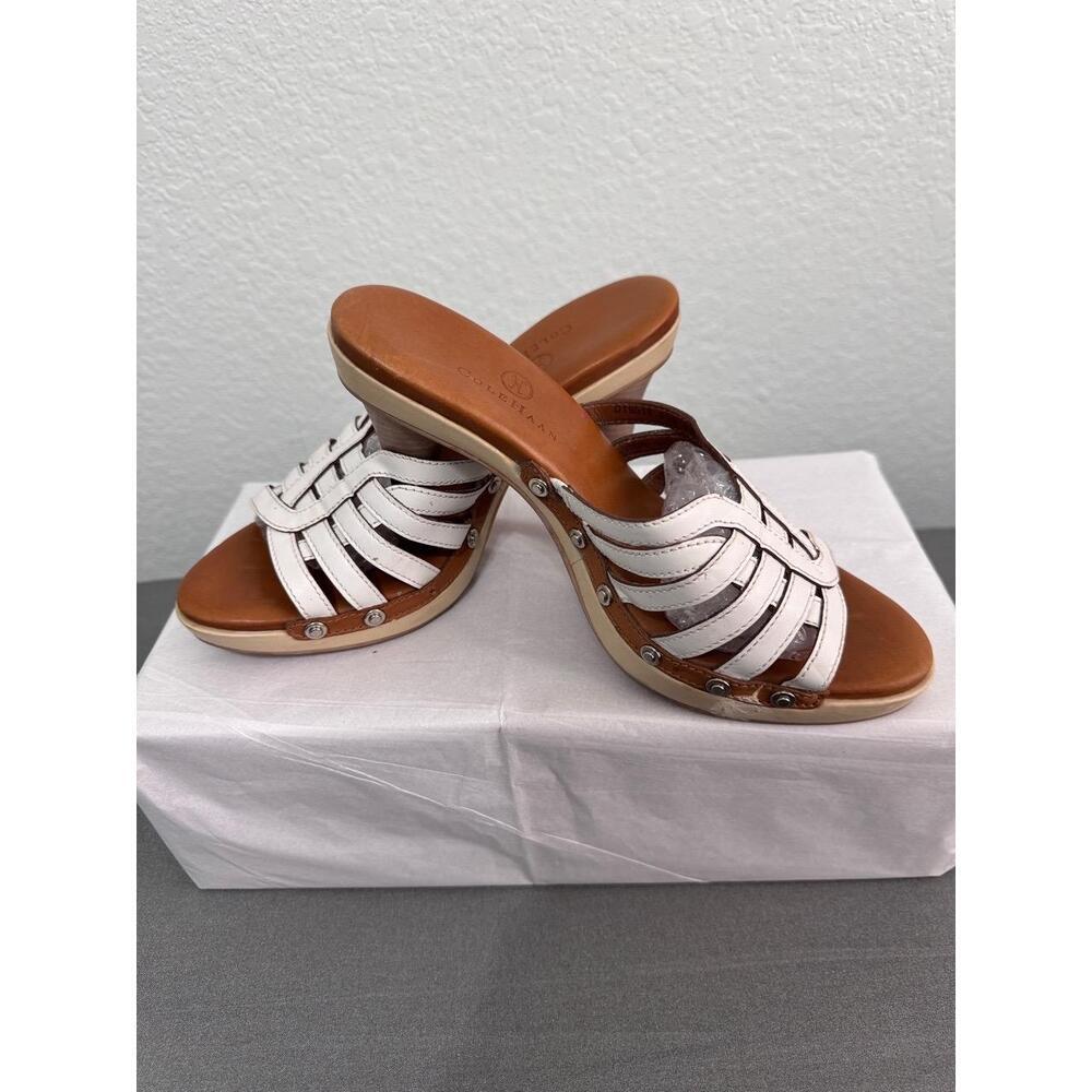 COLE HAAN White Brown Woven Strappy Heeled Open Toe Sandals 6.5